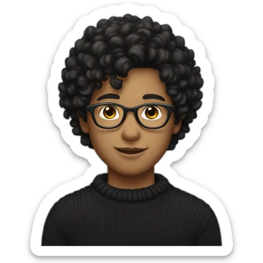 boy with curly black hair, glasses, black sweater and fair complexion sticker