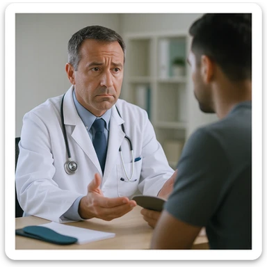 professional illustration of a doctor advising a client with posture problems about insoles, doctor has a doubtful or uncertain expression, 2:3 aspect ratio sticker