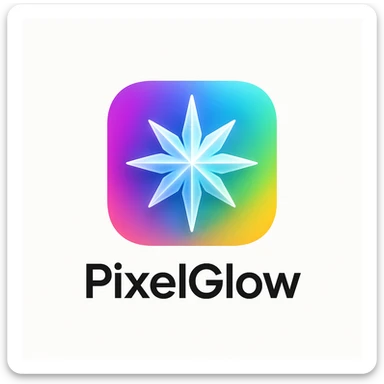 Minimal, modern logo for PixelGlow: rounded square, vibrant multi-color gradient with prism/aurora effect in purple, blue, cyan, green, and orange. Central geometric 8-point starburst, crystal-shard style, with soft glowing edges and a slight shadow. Clean, scalable, tech-savvy, playful, and magical. White background to make icon pop. sticker