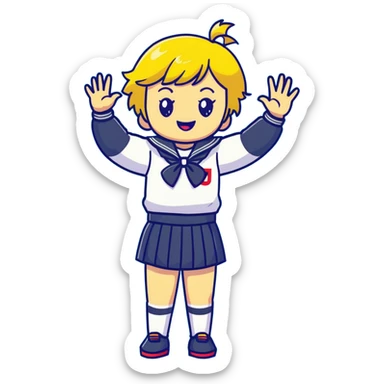 Anime girl with short bright yellow hair wearing Japanese sailor style school uniform, composed posture with hand on hip but energetically waving with other hand, excited smile and happy eyes sticker