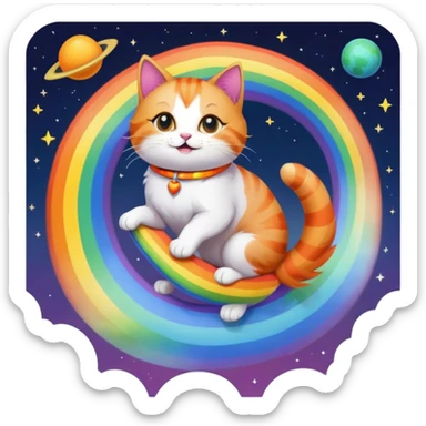 Cat riding a rainbow in space  sticker