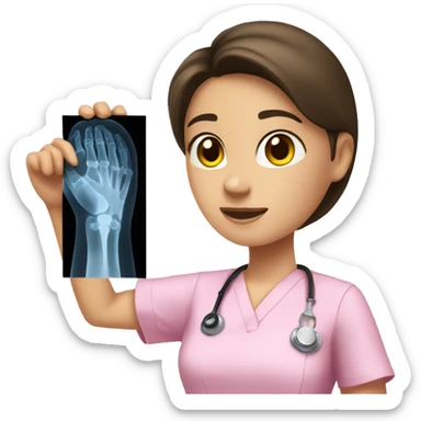 Brunette girl in pink scrubs looking at an arm X-ray  sticker