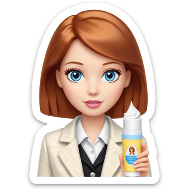 A Barbie girl with blue eyes, shoulder-length reddish-brown hair, made-up, in a white tweed jacket and black skirt, holding a tube of pale yellow face cream sticker