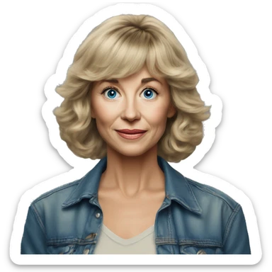 Medium length Dirty blonde poofy hair with bangs all across forehead and sides swept away from face woman of 60 with blue eyes  sticker