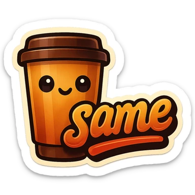 Tall coffee cup, no mouth, giant sign "same" sticker