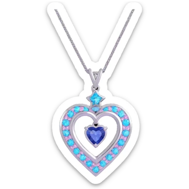 Y2K inspired pendant with round cut holographic diamond centerpiece, silver setting, blue sapphire accent, heart and star motifs, pastel and neon accents sticker