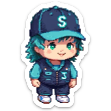 pixel art of a navy blue and teal green dump truck, wearing a Mariners baseball cap, cute expression, three-quarters view sticker
