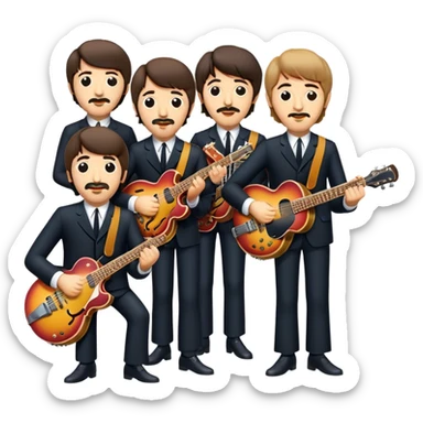 Cinematic Realistic The Beatles Group Emoji, depicted as an iconic band of four exuding playful charisma and musical genius with retro instruments and vibrant expressions, rendered with rich textures and nostalgic dynamic lighting that captures their legendary impact on pop culture. sticker