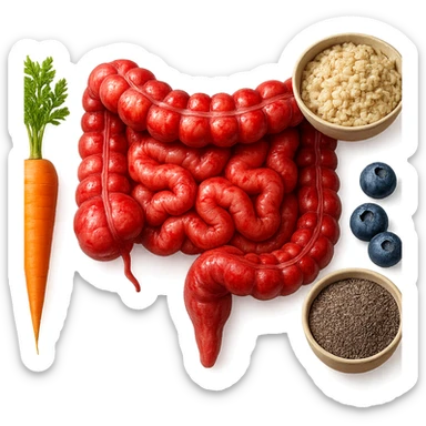 intestino umano anatomico infiammato al centro con carota, bowl di avena, mirtilli, bowl di semi di chia che gli fluttuano intorno , iperrealistico 4k sticker