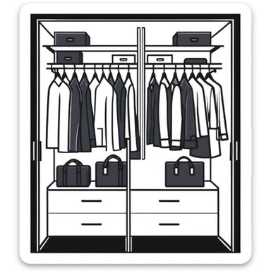 Modern closet with door ajar showing organized professional clothing, work wardrobe storage sticker