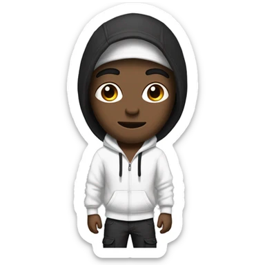 Guy with short straight black hair, wearing a white hoodie and black cargo pants, black and white sneakers, ape sticker