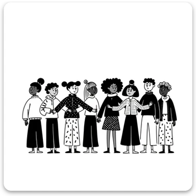 Hand-drawn illustration of people of different skin colors and ethnicities holding hands in a line, symbolizing integration and unity sticker