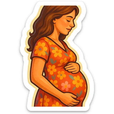 pregnant woman half-length portrait, in floral print dress, standing sideways, holding belly, face and head fully in frame, retro stickers style, soft rounded shapes, expressive contours, vintage color palette, light paper texture, shadows and highlights, transparent background sticker