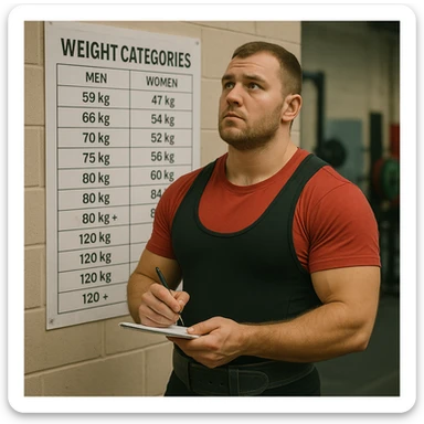 European powerlifter in competition clothing, standing in front of a weight category chart hanging on the wall, reflective expression, holding a pen and notepad, competition atmosphere, realistic details, gym or weight room background sticker