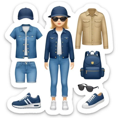 A set of clothing icons in a uniform style. The icons should include various clothing items such as a T-shirt, jeans, dress, jacket, sneakers, hat, and accessories like a backpack or sunglasses. The style should be modern, minimalist, and visually cohesive, with clean lines and a balanced color palette sticker