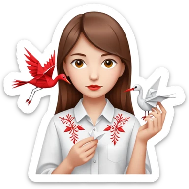 Ukrainian young girl with brown hair wearing a white embroidered shirt holds an origami red crane sticker