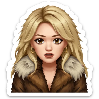 Cinematic realistic ultra HD angry, glamorous extremely made up Hilary Duff extremely long long hair in shaggy fur coat with bronze flash sticker