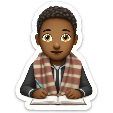 Middle schooler sitting at desk wearing a blanket  sticker