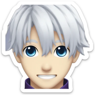 Satoru Gojo with his blue eyes,long white hair, a big friendly smile, dark violet uniform wich hides his neck from jujutsu kaisen sticker