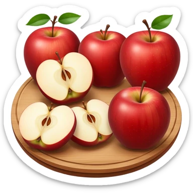 A round wooden board on which there are three whole apples and one apple, cut into two halves and several slices sticker