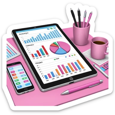 tablet on a desk with papers and pens showing data analysis stuff on it pink sticker