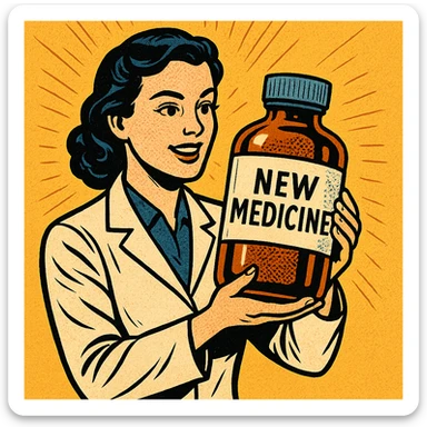 A modern day female scientist holding a large medicine bottle which is labelled 'New Medicine' sticker