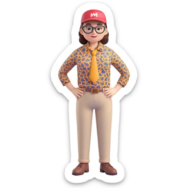 Create a cool 3D cartoon style emoji based on the person in the reference photo, capturing his features, glasses, hat, and stylish patterned shirt and pants. The pose should be confident and friendly. Keep the background transparent. sticker