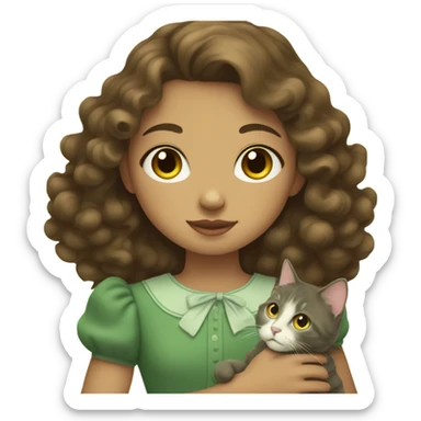 Soft girl wearing green vintage dress with curly brown hair and has a cat sticker