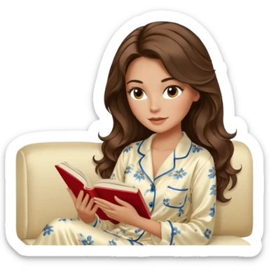 Woman with brunette hair light tanned skin reading on sofa. Long wavy hair. Beige ivory colours. Silk pyjamas. Realistic. Foxeye with lashes. Glamorous makeup sticker