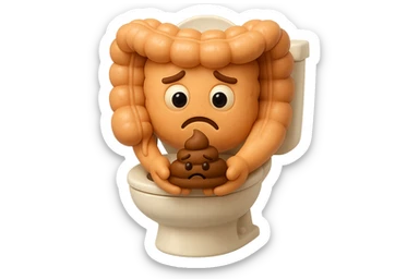 emoji stile iphone di un intestino realistico 3d che esce dal wc con in mano una montagnetta di feci con espressione triste a palline, iperrealistico 4k sticker