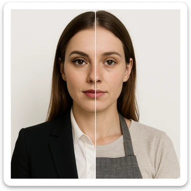 hyper realistic split-image of a woman, half face with professional makeup and business attire, half face natural, kitchen apron, white background, symmetry, clear contrast sticker