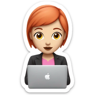 Woman with straight short red hair, white skin, big pinky lips, big eyes, calm face, in pink clothes works on macbook sticker