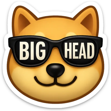 emoji style close-up of a Shiba Inu face wearing sunglasses with the text 'BIG HEAD' inside the sunglasses lenses sticker