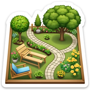 Icon for Landscape Design: a garden layout with trees, plants, pathways, and outdoor furniture, along with design tools like a ruler, pencil and sketchpad. The icon should represent the creativity and planning behind landscape design. Transparent background. sticker