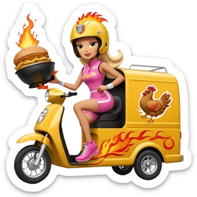 Hispanic pollo loco Barbie’s insanely flaming hot butt burning chicken sandwich Extended length Sprinter 4500 van high roof off road rally delivery food truck capable of rock and desert racing  sticker