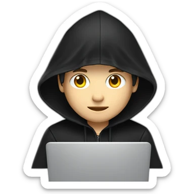 Young white developer with a black hood behind his laptop on a desktop sticker