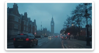 Cinematic shot of a london street, cloudy foggy day, soft light, leading lines to big ben in distance, multi composition, in foreground blurred car, on second street around UK bulding, od another plan in distance big ben, birds flying, artistic look, captured on arri alexa 35, color graded blue hour sticker
