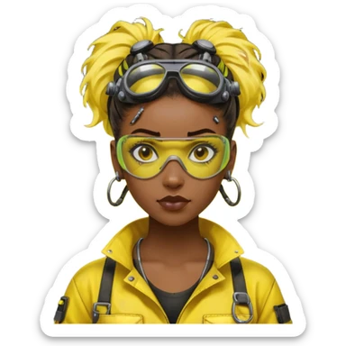 Cyberpunk black female mechanic, yellow tech goggles on forehead, messy hair bun, ear piercings, tool collar, grease smudge on cheek, focused expression, neon yellow lighting sticker