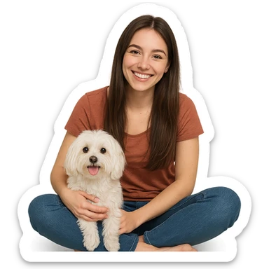 brunette girl with long hair sitting beside a Maltese dog, both smiling sticker