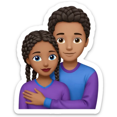 Boyfriend who is middle Easterntan olive skinned with blue eyes and wavy straight brown hair in a blue shirt and his African girlfriend who is very black skinned, juicy lipped with black braided hair and the two are hugging and smiling hugely she’s wearing purple and she has black eyes sticker