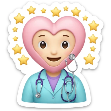 Cute pastel emoji of a smiling heart wearing a stethoscope like a hug, tiny brain inside, little sparkle star, soft glow, rounded edges, cozy and aesthetic. sticker
