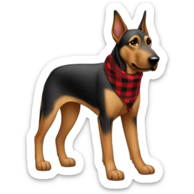 adult 75% Coonhound 25% German Shepherd mix dog with visible tail wearing small pointed red buffalo plaid bandana full body walking left quickly sticker