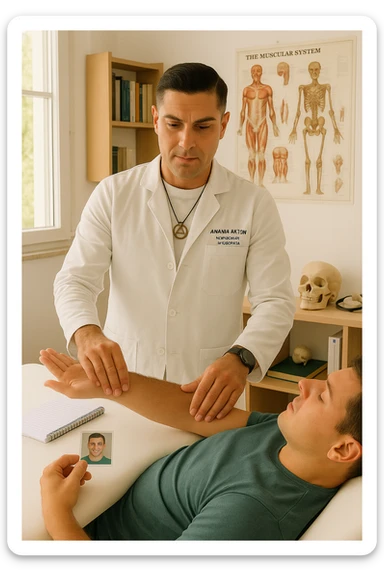 a middle-aged man, dressed in casual professional attire, is in a bright, organized therapy studio. Durante una visita di kinesiologia, il praticante tiene con una mano la foto di una persona lontana (il “testimone”) appoggiata su un tavolo, mentre con l’altra mano esegue un test muscolare su un cliente presente. Sullo sfondo si vedono libri di kinesiologia, poster anatomici e strumenti tipici della disciplina. L’atmosfera è concentrata e serena, con luce naturale che entra dalla finestra, sottolineando l’aspetto alternativo e umano della pratica. sticker