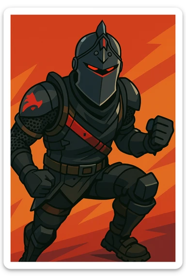 Black Knight from Fortnite, detailed armor, menacing pose, dark color palette, iconic helmet, dynamic action stance, vibrant toon style sticker