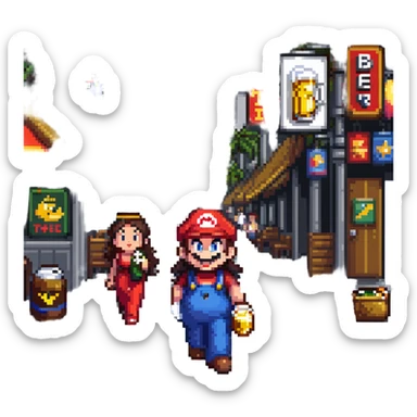 mario drinking beer with thai lady in thailand walking street sticker