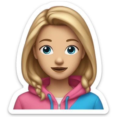 13 year old girl with dirty brownish blonde hair and blue eyes with a pink hoodie that’s not on her head sticker