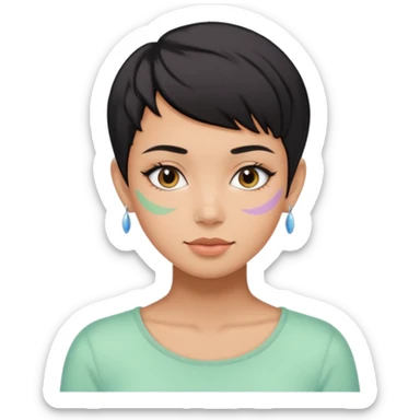 tan girl with black hair & a pixie cut no earrings doing cute pastel colors skin care sticker