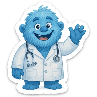 blue yeti character, fluffy and cheerful, wearing a doctor's white coat, waving hand sticker