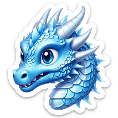 Cinematic Cute Beautiful Ice Dragon Portrait Emoji, Head tilted playfully and inquisitively, featuring a sleek, glacial form with intricately detailed, frost-kissed scales in shimmering blues and sparkling silver, accented by delicate ice crystal patterns and a gentle, enchanting glow; rendered with lifelike clarity and soft, natural light, high shine, charming and cool, styled with a touch of wintry fantasy, soft glowing outline, capturing the essence of a mischievous yet endearing ice guardian poised to twirl playfully into your dreams! sticker