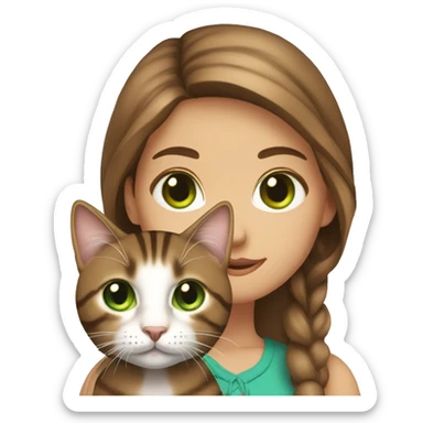 girl with blue eyes, with flowing brown hair with brown tabby cat with green eyes sticker